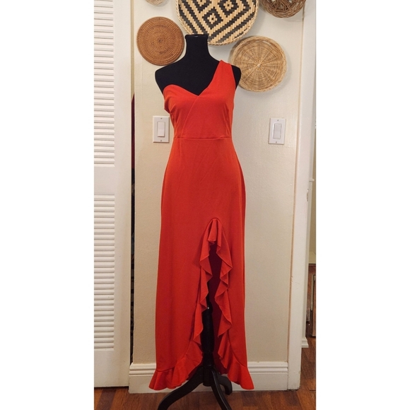 One Shoulder Red Cascading Maxi Dress With Ruffles - Picture 2 of 11